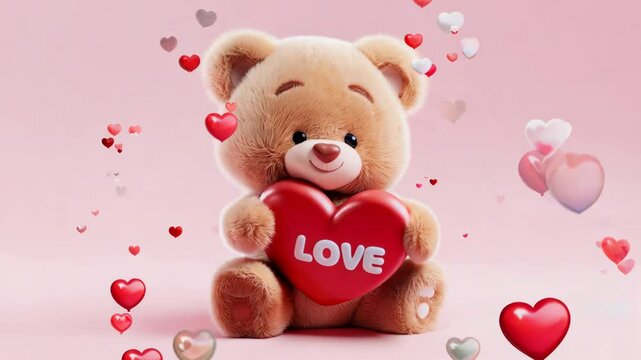 Fluffy Teddy Bear Hugging Red Love Heart on Pink Background