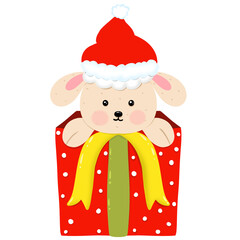 A white cartoon lamb emerges from a red gift box wearing a Christmas hat.