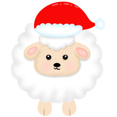 Hand drawn white sheep cartoon wearing red Christmas hat