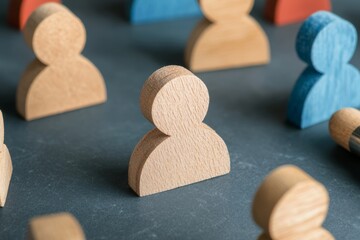 Wooden figures arranged on a table with varying colors, representing a diverse group during a creative activity at a workspace
