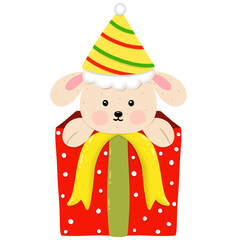 A white cartoon lamb emerges from a red gift box wearing a birthday hat.