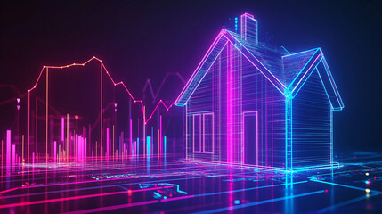 a holographic Real estate market growth chart next to a glowing linear version of a house. Increase money with investment property concept background.
