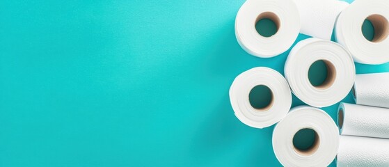 Toilet paper rolls stacked on blue background, minimalist arrangement, hygiene and daily essentials concept