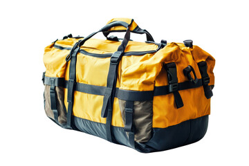 Durable yellow duffle bag perfect for travel and outdoor adventures, featuring multiple pockets and a sturdy design.