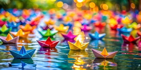 Obraz premium Colorful Paper Boats Racing on Tranquil Water in Tilt-Shift Style Photography for Vibrant Outdoor Scenes