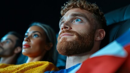 Fototapeta premium A group of friends watch a movie or show on a screen with intrigue and excitement. The man in the foreground has a red beard and blue eyes.