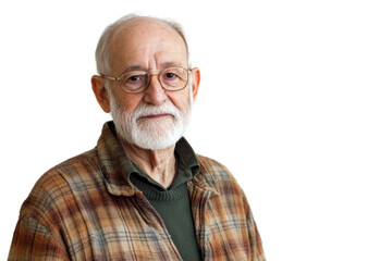 Fototapeta premium Elderly man with glasses, wearing a plaid shirt, looking thoughtfully at the camera, isolated against a white background.