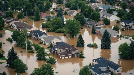 Fototapeta premium Aerial view of a flooded neighborhood with submerged homes and trees.