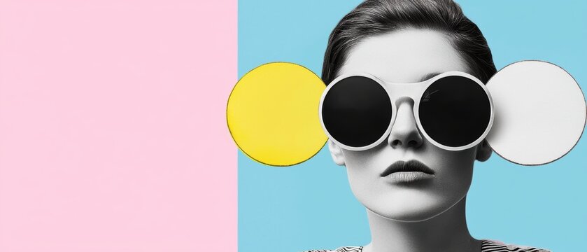 Vintage-style woman with surreal sunglasses, colorful collage elements, retro-modern art theme