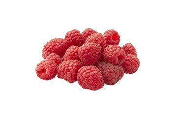 Fresh, juicy raspberries piled against a white background, showcasing their vibrant red color and...