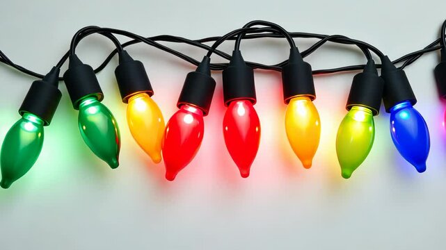 Colorful christmas lights hanging on white background