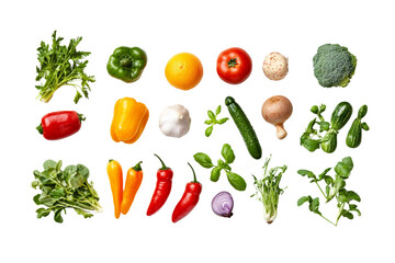 Fresh assortment of colorful vegetables and herbs on a white isolated background.
