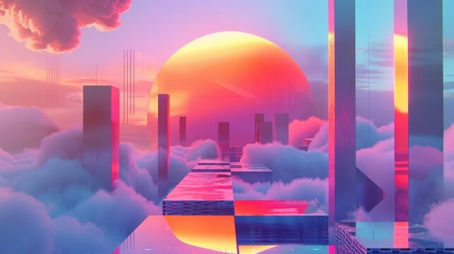 Craft a visually stunning frontal digital art piece symbolizing Digital Transformation Utilize a mix of vibrant hues and geometric shapes to convey a sense of innovation and progre