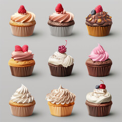 Assorted cupcakes with fruit and cream decorations