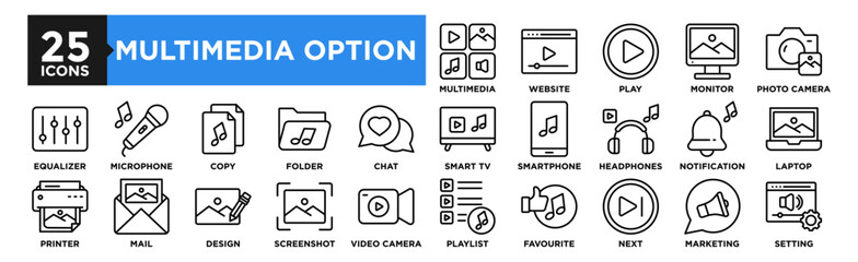 Multimedia Options icon collection set. Containing design multimedia, web, isolated, button, graphic, media, digital, business