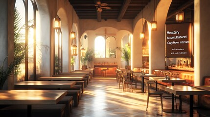 Obraz premium Monastery Inspired Sleek Modern Architecture Restaurant Design Sophisticated Stylish Dining Ambiance picture
