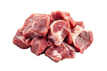 Fototapeta premium Fresh cut pieces of pork meat on a white background, ideal for culinary or food-related projects.