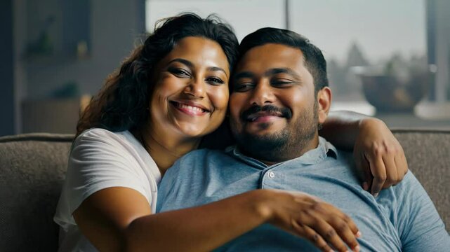 Happy South Asian Couple Smile and Embrace on a Comfortable Couch at Home