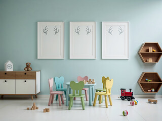 Modern Pastel Kids' Playroom with Colorful Chairs, Wooden Toys, and Stylish Wall Art Decor