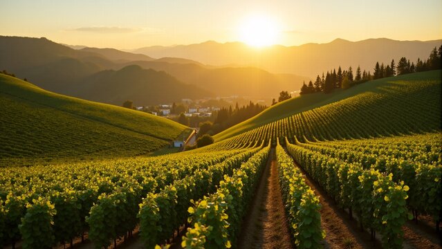 Vineyard nestled in rolling hills with golden light filtering through