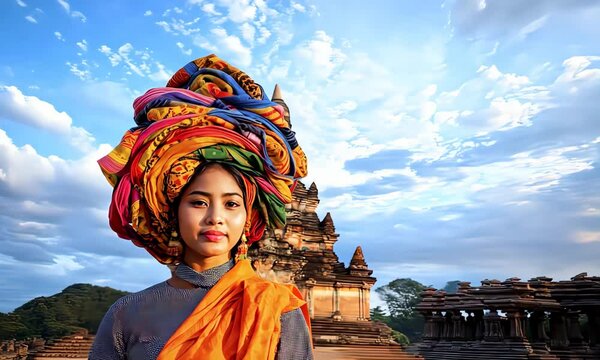 Vibrant cultural portrait of woman with elaborate headdress in temple background