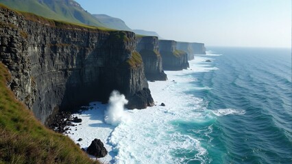 Rocky coastline with waves crashing against dramatic cliffs