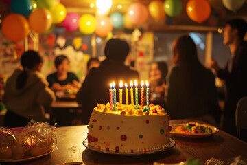Friends celebrating a joyful birthday party with a colorful cake and balloons in a festively decorated indoor space