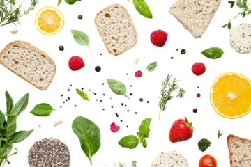 Fresh ingredients including fruits, vegetables, and bread scattered on a dark background.