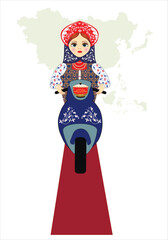Russian nesting doll sitting at the wheel of a motorcycle against the background of the map of Eurasia. Treats in a pot are carried by motorcyclists. Travel, friendship of peoples, cultures. vector 