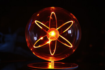 glowing atom model with orbiting electrons in bright orange light against a dark background symbolizing energy and atomic structure
