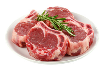 Fresh meat chops seasoned with rosemary on a white plate, perfect for culinary presentation and delicious meals.