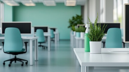 A modern office space with turquoise walls, minimalistic furniture, and potted plants, creating a fresh and inviting work environment.
