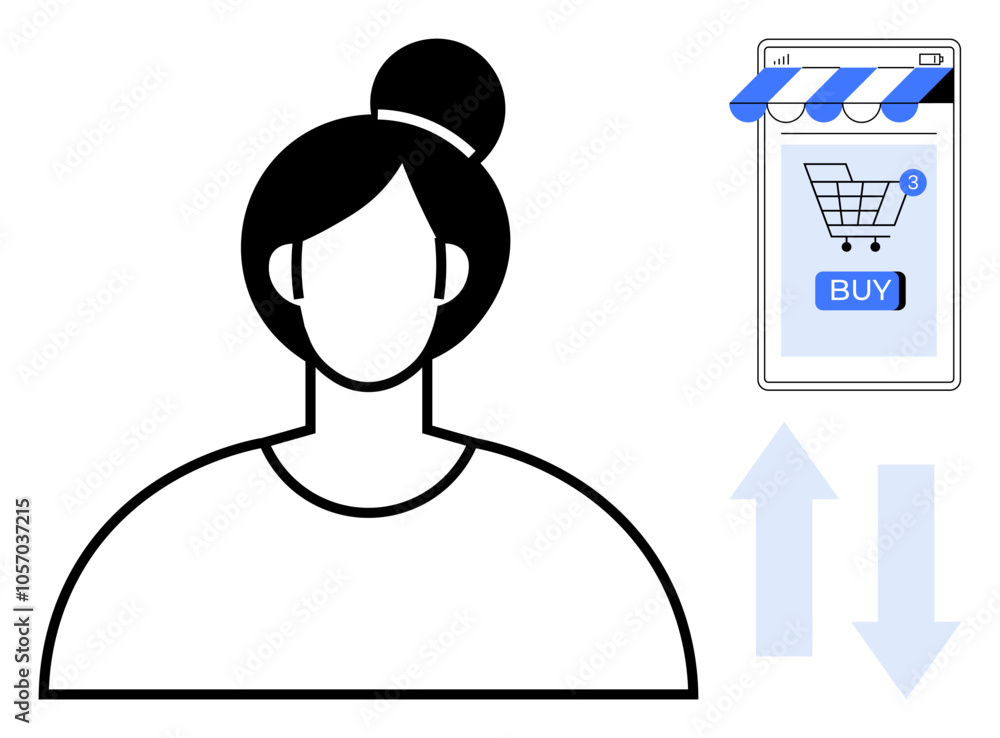 Poster simplistic representation of a woman with a top bun and a smartphone displaying a shopping cart and 