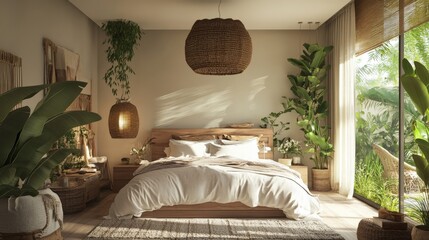 A serene bedroom featuring cozy bedding, natural materials, indoor plants, and ample natural light, creating a tranquil, earthy atmosphere.