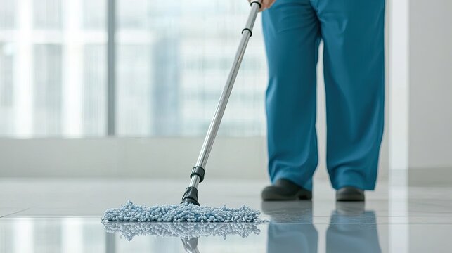 A person mops a floor in a clean, modern setting, showcasing effective cleaning techniques in a professional environment.