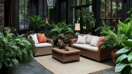 A cozy indoor seating area surrounded by lush greenery, featuring stylish wicker furniture and a warm, inviting atmosphere.
