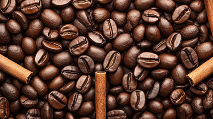 Fototapeta premium Close-up of roasted coffee beans mixed with cinnamon sticks, creating a rich and aromatic texture that highlights the contrast between the glossy beans and the matte cinnamon.