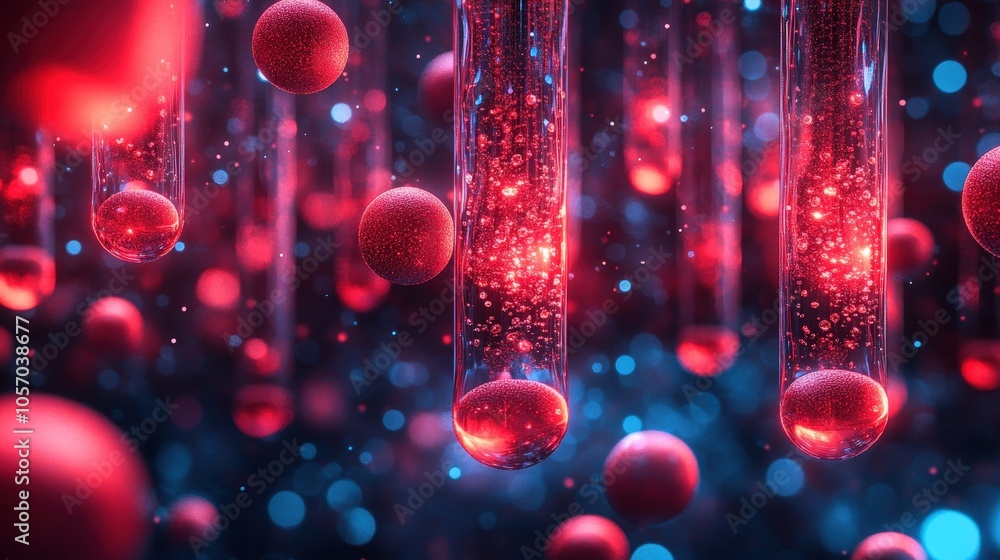 Poster red spheres floating in test tubes with glowing liquid abstract science background