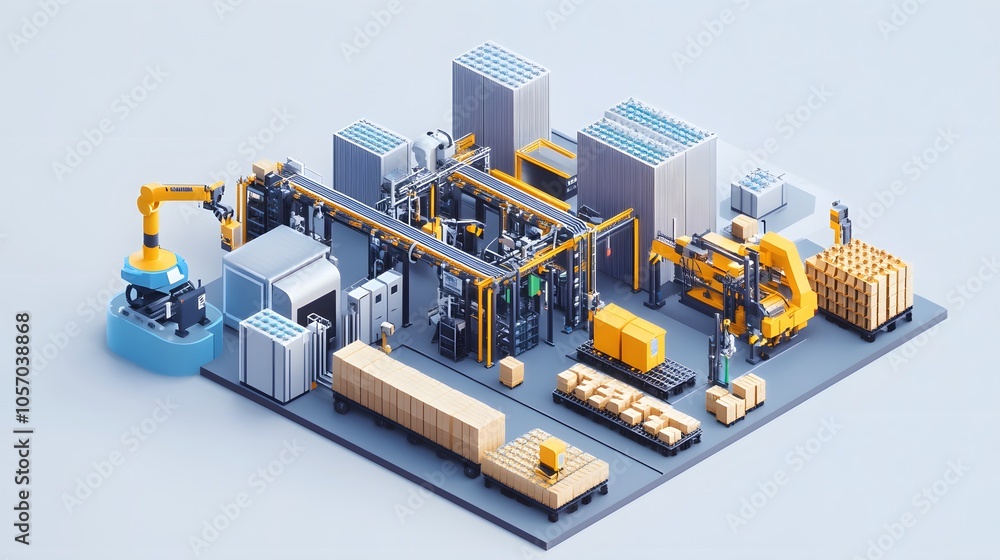 Poster a factory scene with a conveyor belt and a robot in the middle. the robot is positioned in the middl