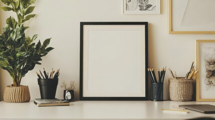 A minimalist desk setup featuring a blank frame, potted plants, and various writing instruments, promoting a stylish, organized workspace aesthetic.