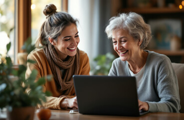 Happy women using laptop together