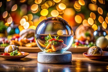 Crystal Ball Food Photography with Light Streaks and Bokeh Effects for Abstract Culinary Art