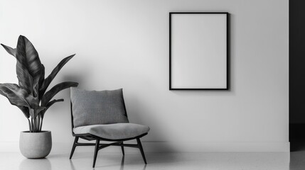 Fototapeta premium A stylish, minimalist interior featuring a patterned chair, a plant, and a blank frame on a light wall, emphasizing a modern aesthetic.