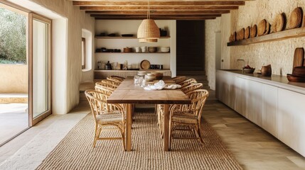 A cozy dining area featuring a wooden table, woven chairs, natural decor, and a warm, inviting atmosphere.