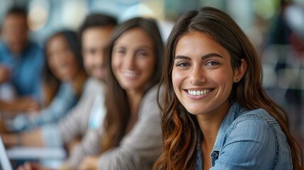 Obraz premium Smiling Employees Reflecting Team Spirit and Satisfaction in a Bright Workspace Environment
