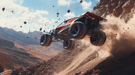 A high-performance vehicle jumps off a rocky incline, kicking up dust and debris against a dramatic mountain backdrop.