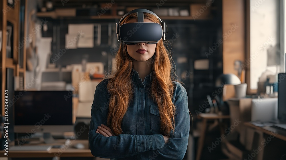 Poster portrait of a female virtual reality architect in a dynamic workspace, engaged in innovative design 