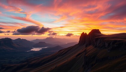 Fototapeta premium Dramatic Mountain Landscape with Sunset Sky and Clouds