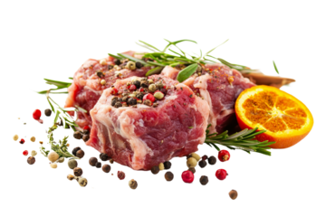 Fresh raw meat with spices and herbs on a white background, ready for cooking.