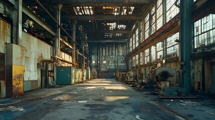 A large, empty industrial building with a lot of pipes and machinery. The building is old and run down, with a lot of rust and debris. Scene is one of decay and abandonment